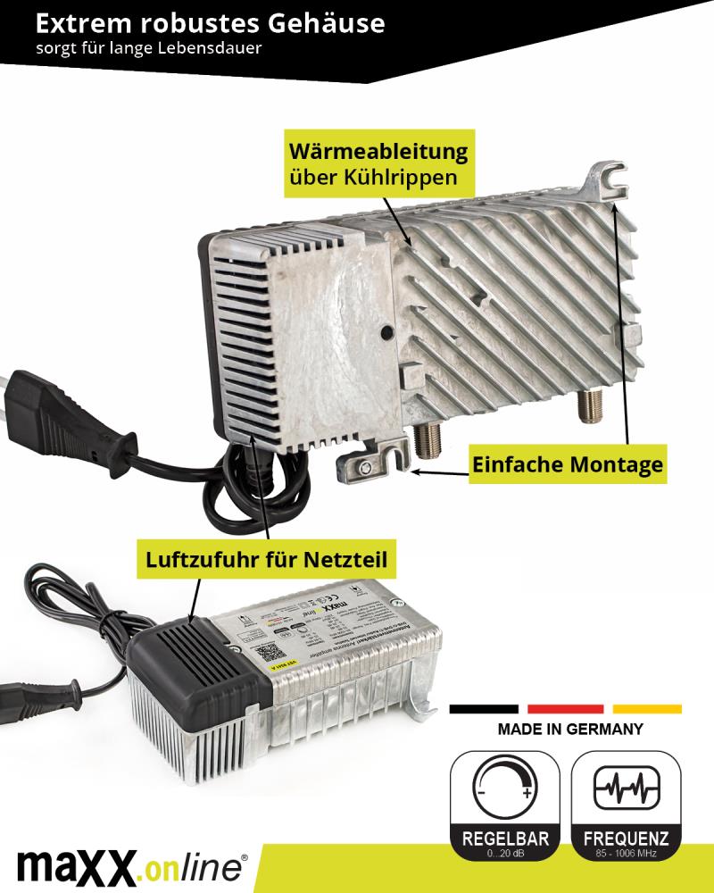 Hausanschlussverstärker 1 GHz 33 dB Verstärkung mit RK, Kabelfernsehen, DVB-C, DVB-T
