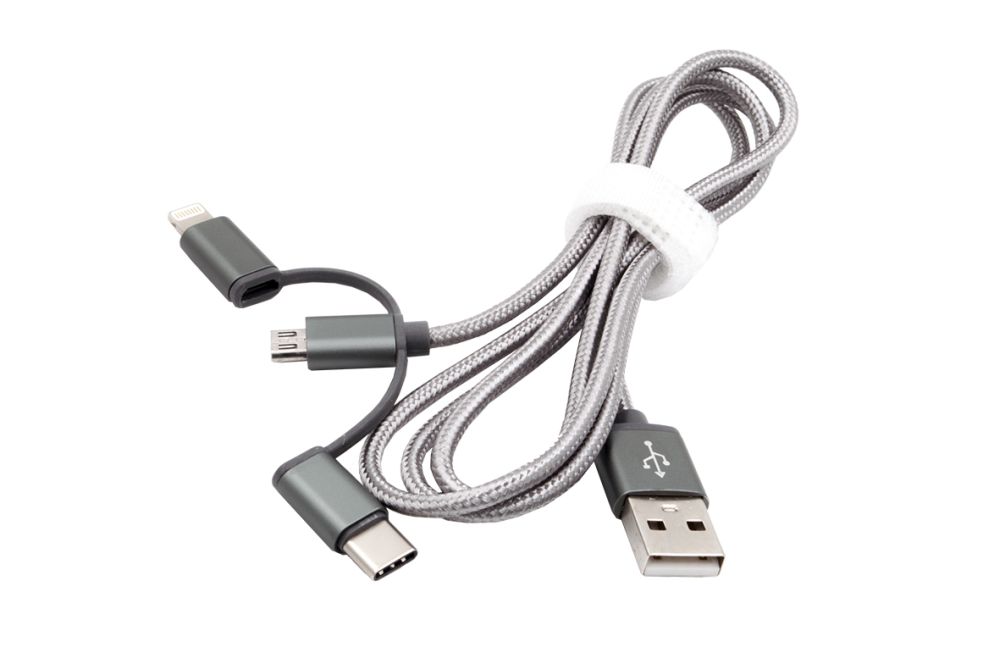 USB Ladekabel, 3-in-1 Lightning, C & Micro-USB Anschluss für Apple & Android Produkte, silber, 1m, E
