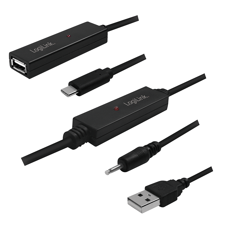 USB 2.0 Type-C Kabel, C/M zu USB-A/F, Verstärker, schwarz, 40 m