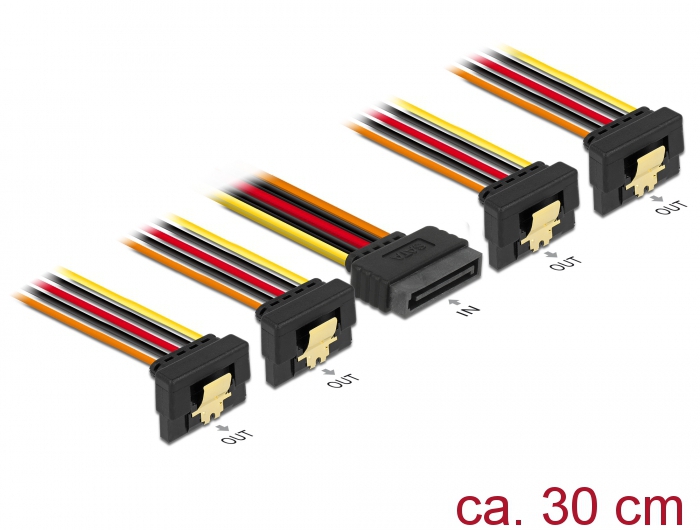 Kabel SATA 15 Pin Strom Stecker mit Einrastfunktion an SATA 15 Pin Strom Buchse 4 x unten 0,3 m, Del