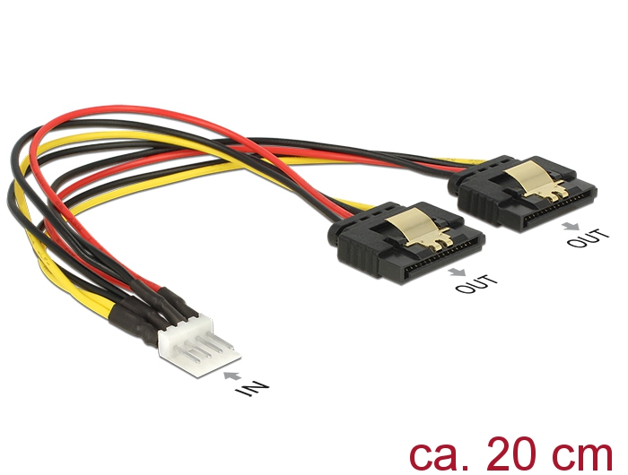 Kabel Power Floppy 4 Pin Stecker an 2x SATA 15 Pin Buchse Metall, 0,2m, Delock® [85236]