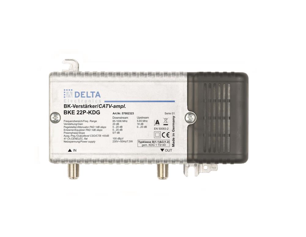 Hausanschlussverstärker KDG B (1.1) 1 GHz 21 dB Verstärkerung, RW 65 MHz 18 dB mit Pegelsteller Hausanschlussverstärker KDG B (1.1) 1 GHz 21 dB Verstärkerung, RW 65 MHz 18 dB mit Pegelsteller