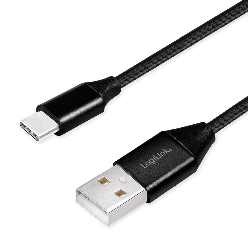 USB 2.0 Type-C Kabel, C/M zu USB-A/M, Stoff, schwarz, 1 m