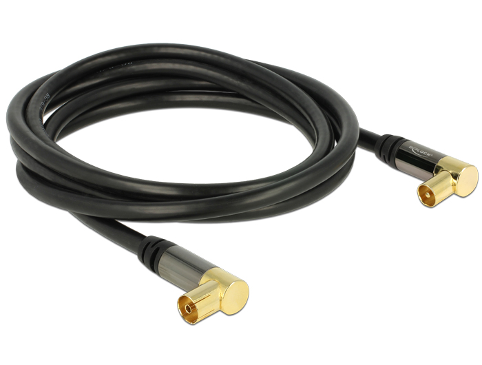 Antennenkabel IEC Stecker gewinkelt an IEC Buchse gewinkelt RG-6/U 2 m schwarz, Delock® [88865]