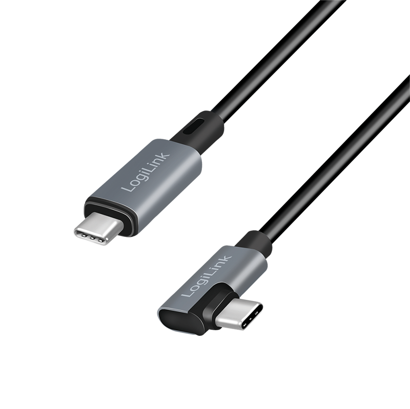 USB 2.0 Type-C-Kabel, C/M 90° zu USB-C/M, E-mark, PD, schwarz/grau, 3 m