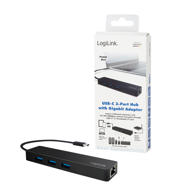 USB 3.2 Gen 1x1 USB-C 3-Port Hub, mit Gigabit Adapter