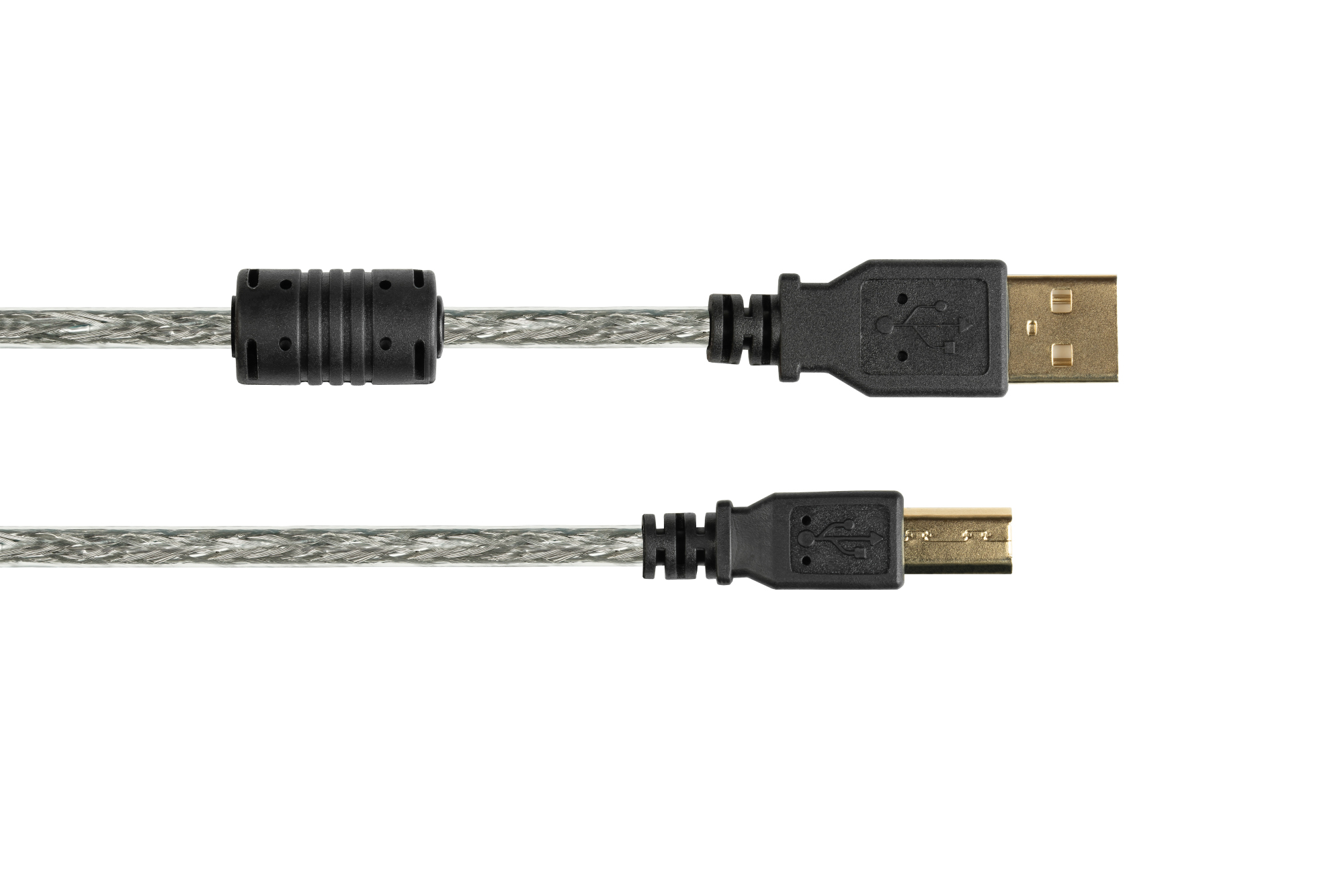 Anschlusskabel USB 2.0 Stecker A an Stecker B, High Quality mit Ferritkern und Goldkontakten, transp