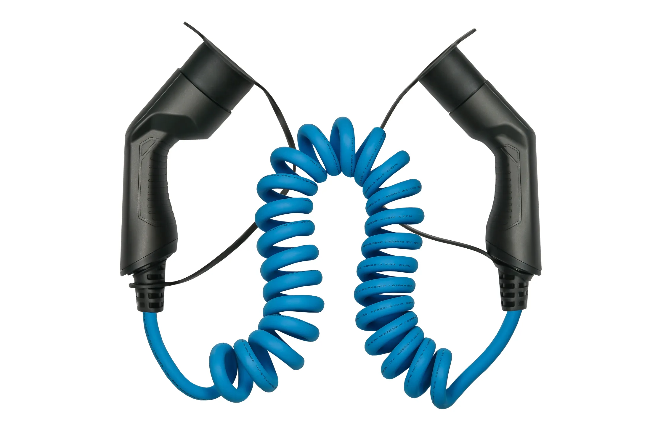 E-Auto-Ladekabel Mode 3, Typ 2 Stecker an Buchse, 3-phasig, 16 A, 11 kW, Spiralkabel, blau, 5m