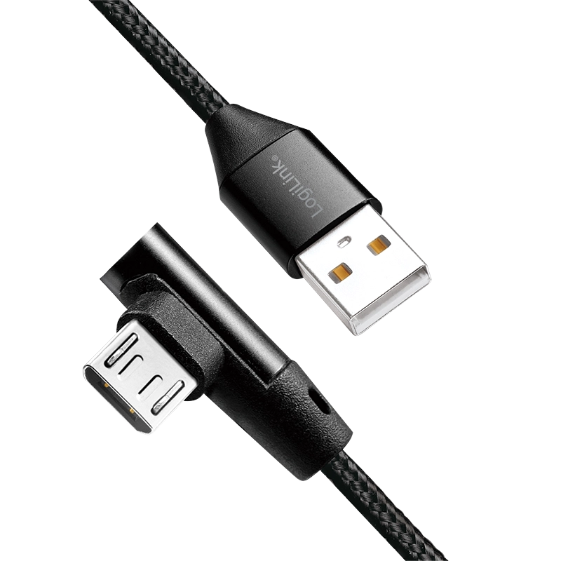 USB 2.0-Kabel, USB-A/M zu Micro-USB/M (90°), Stoff, Metall, schwarz, 1m
