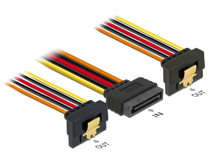 Kabel SATA 15 Pin Strom Stecker mit Einrastfunktion an 2 x SATA 15 Pin Strom Buchse 0,3 m, Delock® [