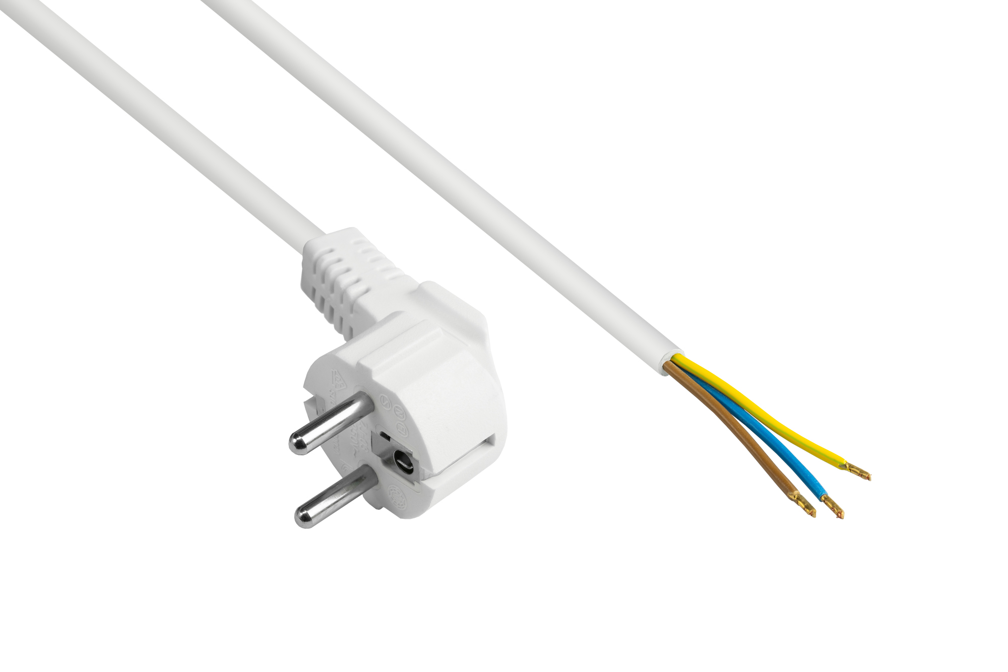 Netzkabel Schutzkontakt-Stecker Typ E+F (CEE 7/7, gewinkelt) an abisolierte Enden, weiß, 0,75 mm², 1