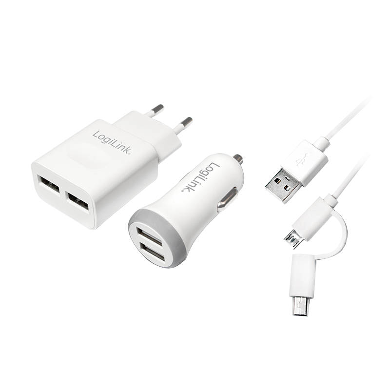 USB Ladeset, 1x Kfz Ladeadapter & 1x Steckdosenadapter mit je 2x USB Anschlüssen