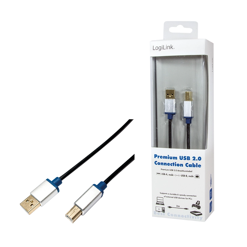 USB 2.0-Kabel, USB-A/M zu USB-B/M, Alu, schwarz/blau, 2 m