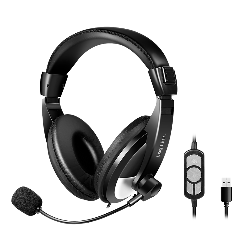 Stereo-Headset mit Steuerung , 1x USB-A-Stecker, Bügelmikrofon, schwarz
