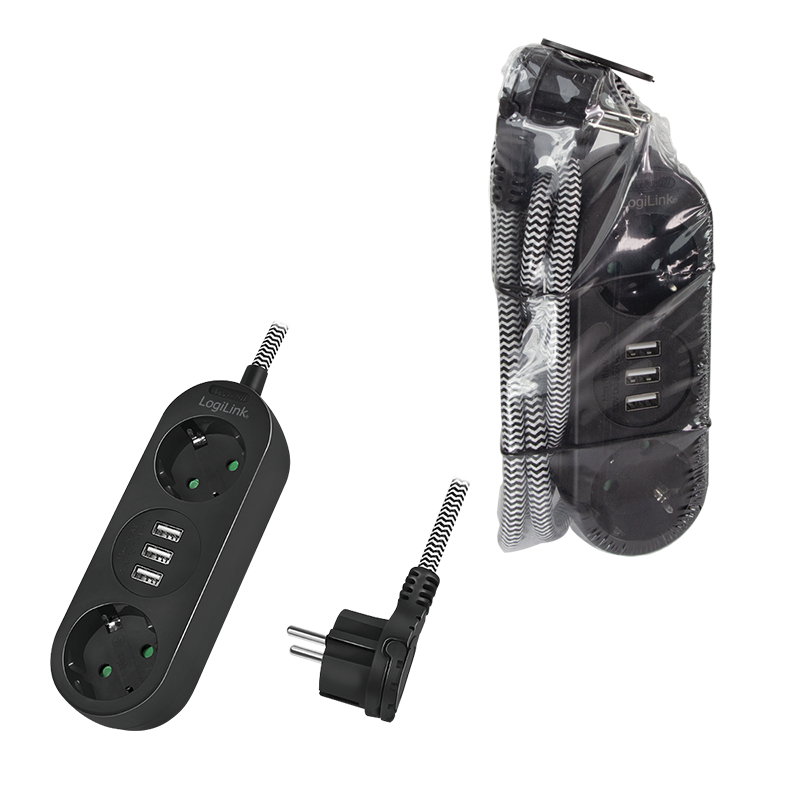 Steckdosenleiste 2-fach, 2x CEE 7/3 + 3x USB-A, Textilkabel, schwarz
