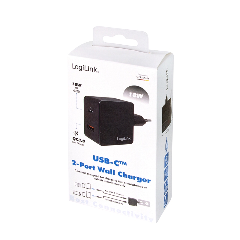 Dual-USB-Schnellladeadapter, 1x USB-C (PD) & 1x USB-A (QC), 18W, schwarz