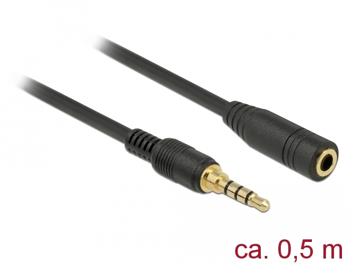 Klinkenverlängerungskabel 3,5 mm 4 Pin Stecker an Buchse, schwarz, 0,5m, Delock® [85627]