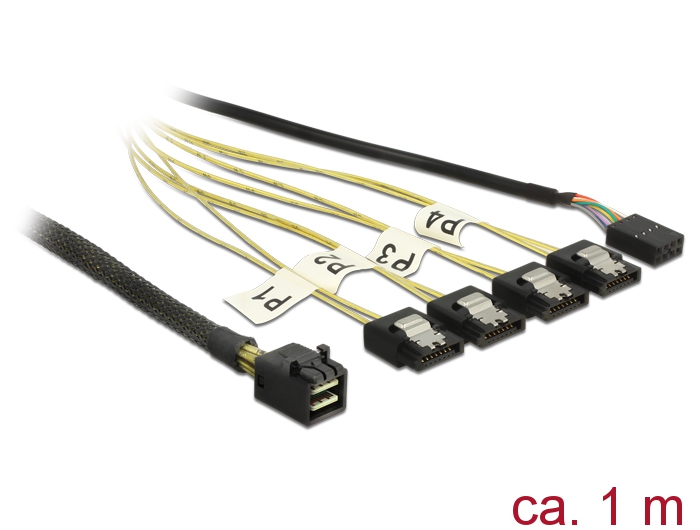 Mini SAS HD SFF-8643 an 4x SATA 7 Pin Reverse + Sideband, 1m, Delock® [83322]
