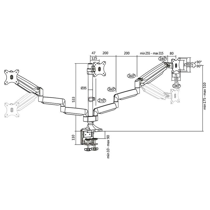 Monitorhalterung 3-fach, 13–32", Aluminium, 2x Gasdruckfeder