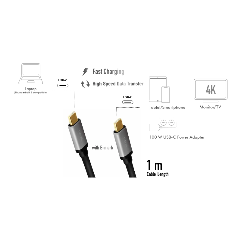 USB 3.2 Gen2 Type-C-Kabel, C/M zu USB-C/M, E-mark, PD, 4K, Alu, schwarz/grau, 1 m