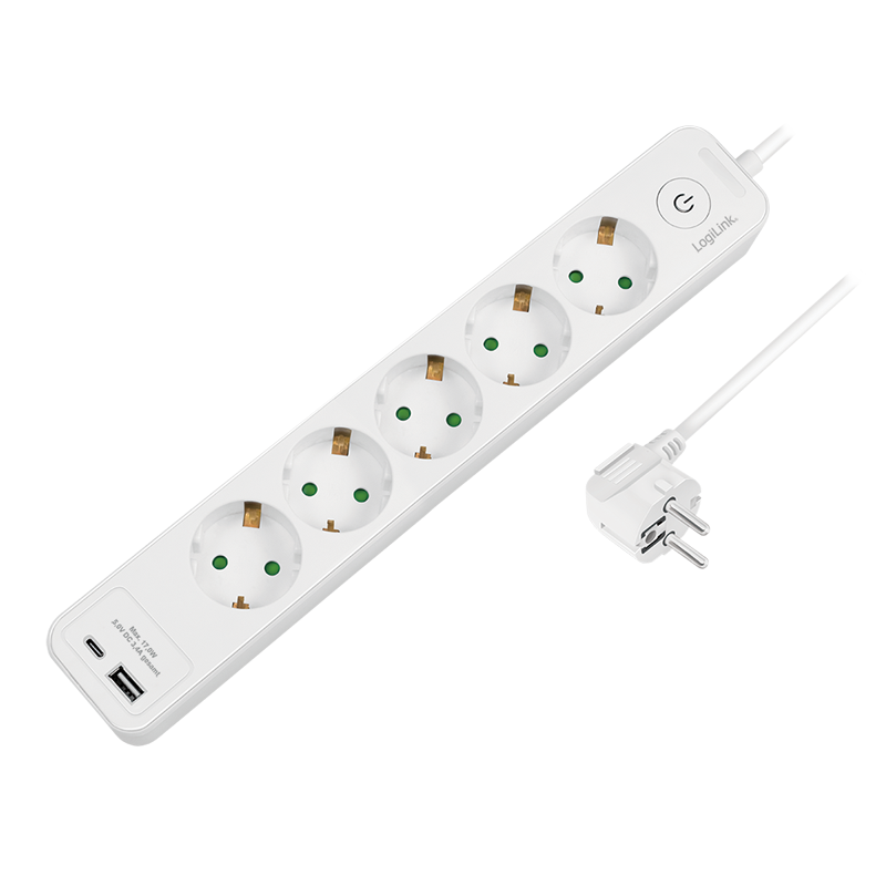 Steckdosenleiste 5-fach + Schalter, 5x CEE 7/3, 1x USB-A, 1x USB-C, 1,5 m, weiß