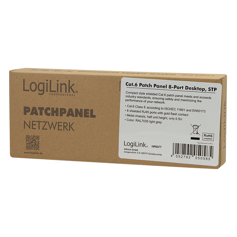 Cat.6 Mini Patchpanel 8 Ports geschirmt, Desktop, 0,5 HE, lichtgrau