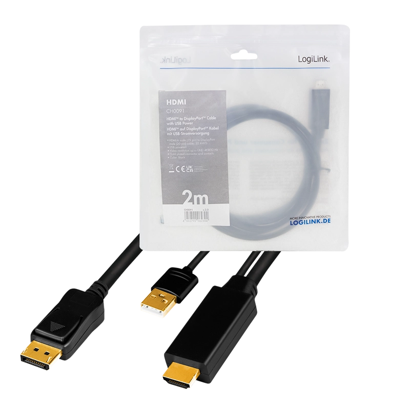 HDMI-Kabel, A/M + USB-A/M zu DP/M, UHD 4K/30 Hz, schwarz, 2 m