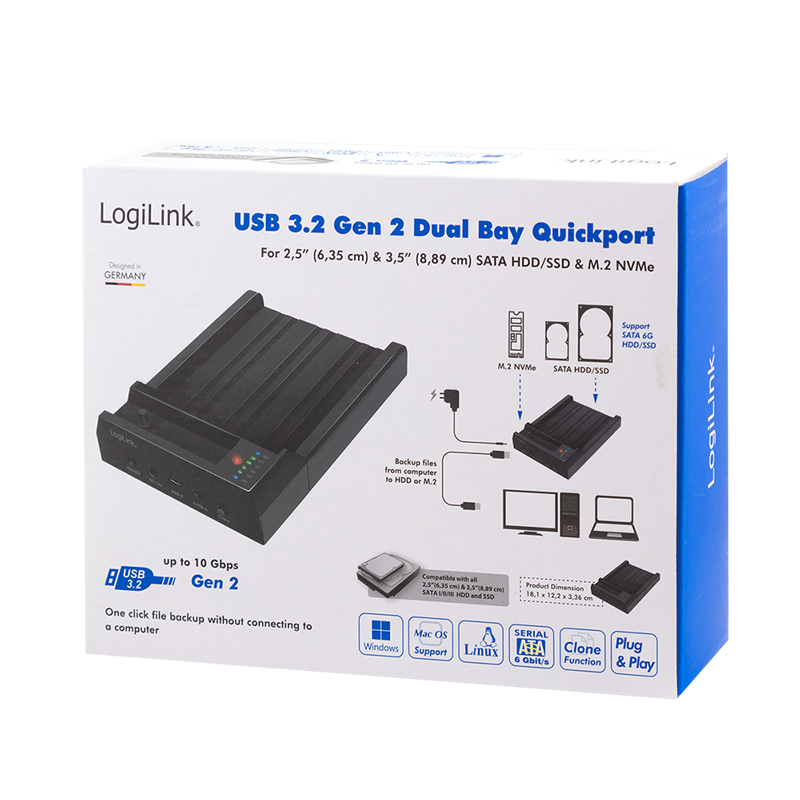 USB 3.2 Gen 2 Quickport, 2-Port, für SATA HDD/SSD und M.2 NVMe SSD