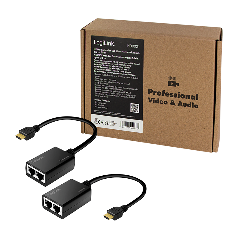 HDMI-Extender-Set über LAN, 30 m, 1080p/60 Hz, Pigtail, 0,3 m