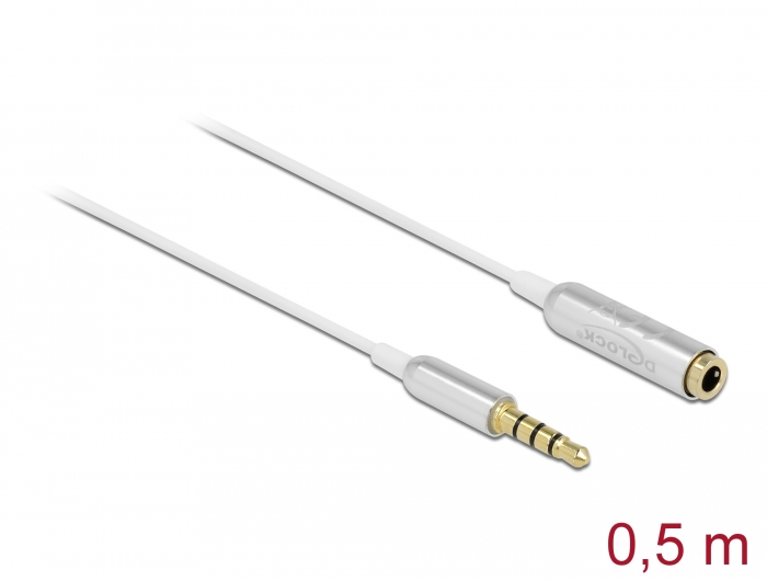 Audio Verlängerungskabel Klinke 3,5 mm 4 Pin Stecker zu Buchse Ultra Slim 0,5 m weiß, Delock® [66072