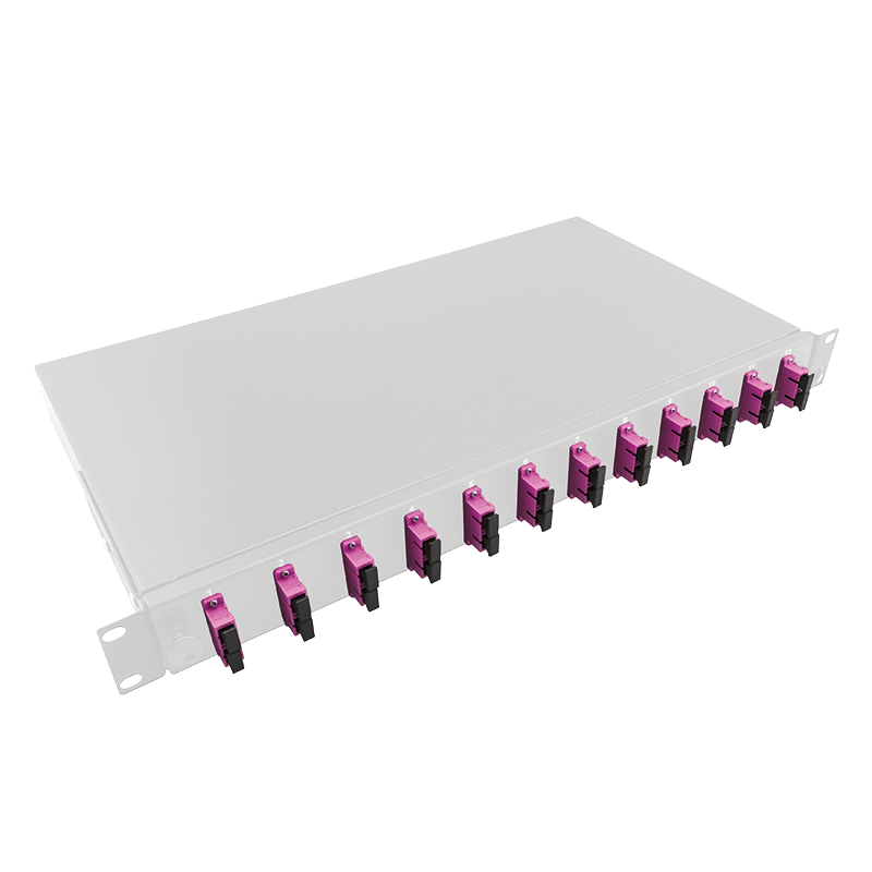 19" Komplett bestückte Spleißboxen SC-DX 12 Port, Multi Mode OM4, 1HE, hellgrau