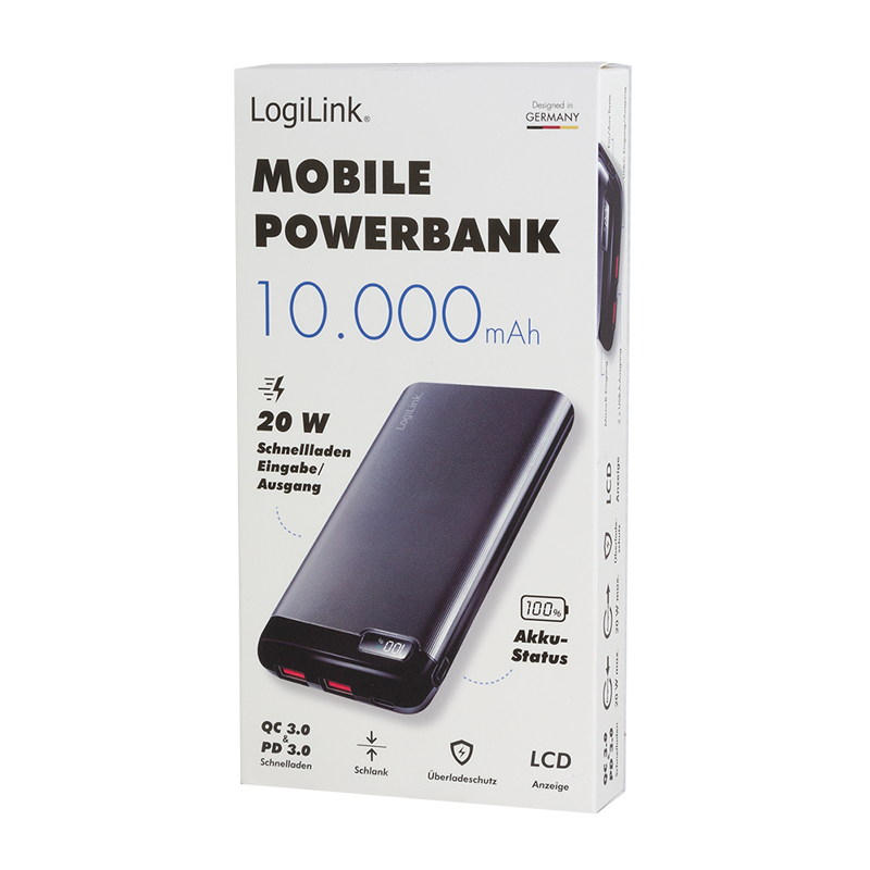 Powerbank 10000 mAh, 2x USB-A, 1x USB-C, mit Display, PD & QC, schwarz