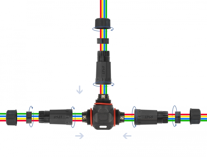 Kabelverbinder T-Form für Außenbereich 4 Pin, IP68 wasserdicht, schraubbar, Kabeldurchmesser 4,5 - 7