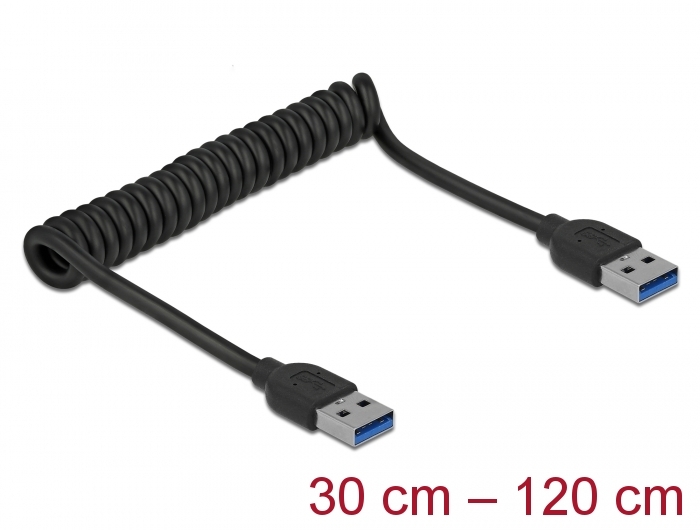 USB 3.0 Spiralkabel Typ-A Stecker an Typ-A Stecker, schwarz, 0,3 m bis 1,2 m, Delock® [85348]
