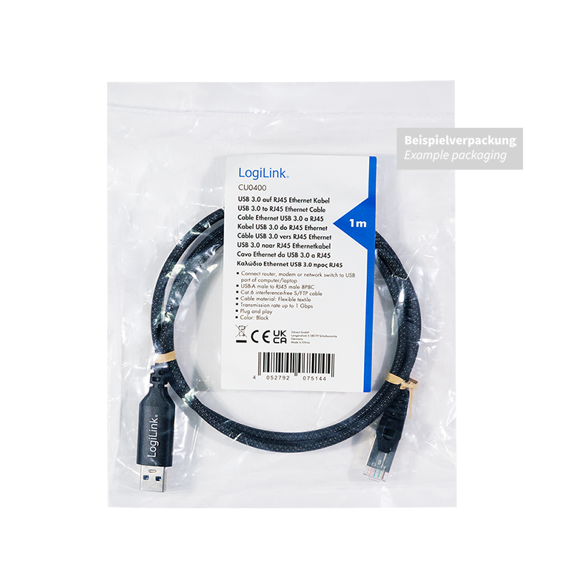 USB 3.0 Ethernet-Kabel, A/M zu RJ45/M, 1 Gbit/s, aktiv, schwarz/grau, 10 m