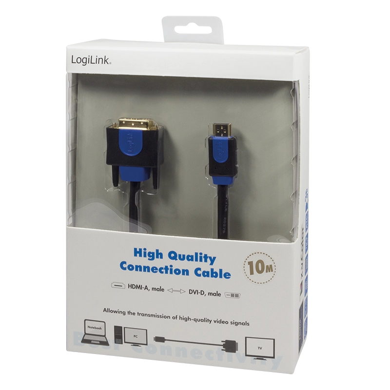 HDMI-Kabel, A/M zu DVI/M, 1080p, bidirekt, schwarz/blau, 10 m