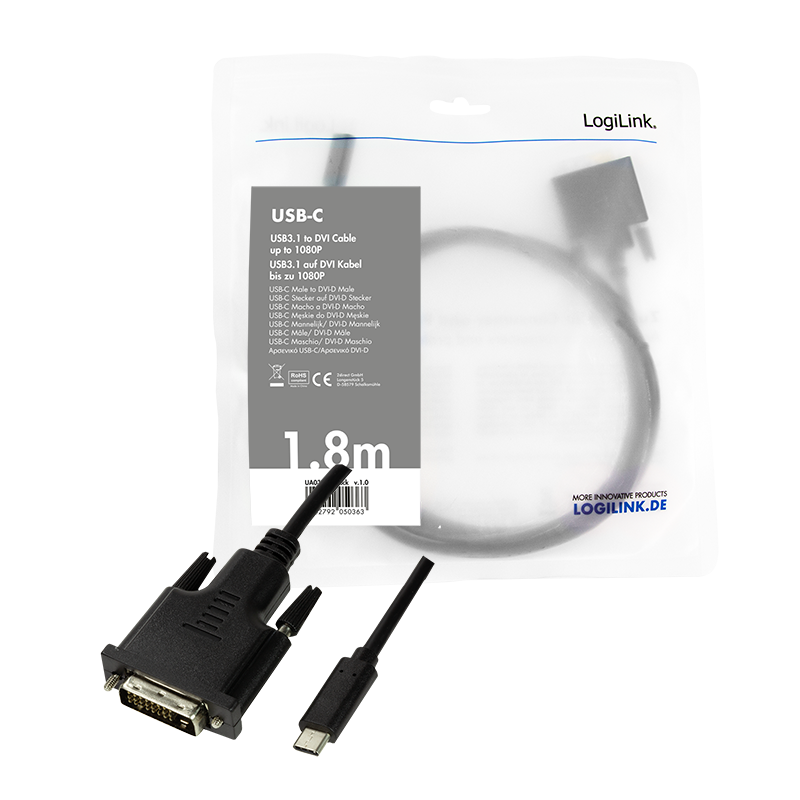 USB Type-C Kabel, C/M zu DVI-D/M, 1080p, schwarz, 1,8 m