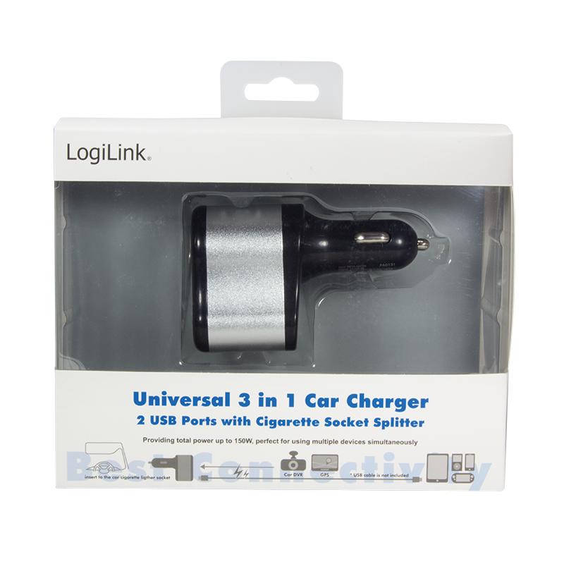 USB Kfz Netzteil, 2x USB-Port + 1x Zigarettenanzünder Buchse, 150 W