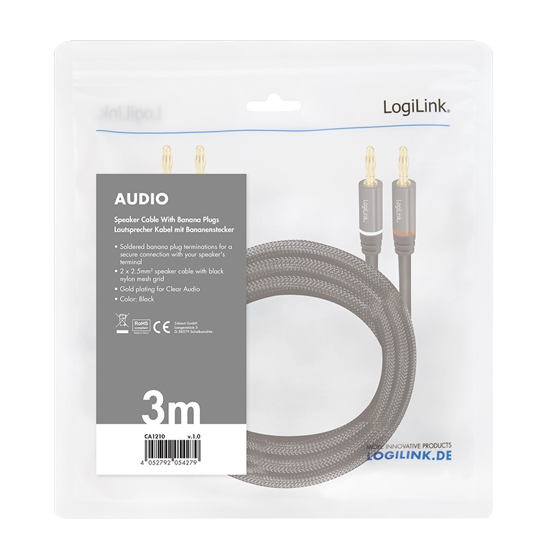 Audio-Kabel, 2x2 Bananenstecker, Metall, schwarz, 3 m