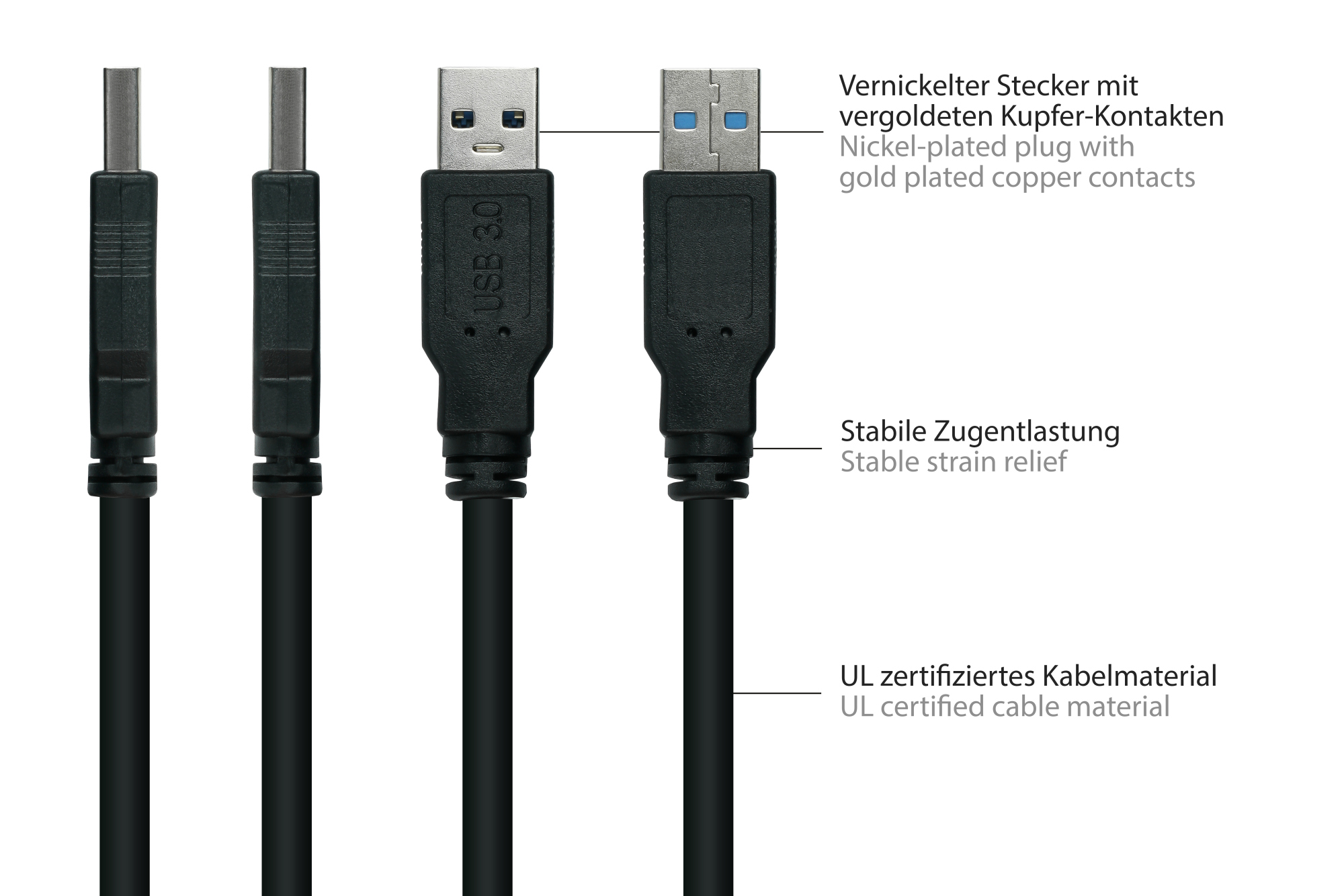 kabelmeister® Anschlusskabel USB 3.0 Stecker A an Stecker A, Premium, DATA AWG28 / Power AWG24, UL,