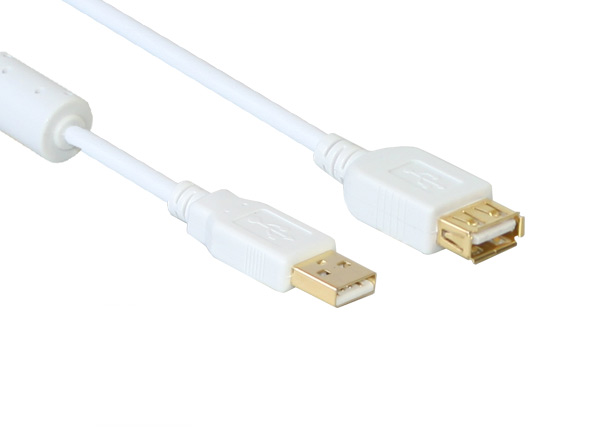 Verlängerung USB 2.0 Stecker A an Buchse A, mit Ferritkern, vergoldet, weiß, 3m, Good Connections®