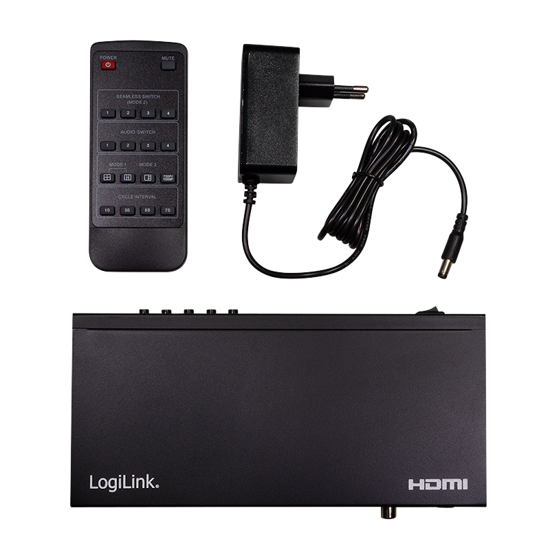 HDMI-Switch 4x1-Port, Multiviewer, 1080p/60 Hz, Scaler, Seamless, RC