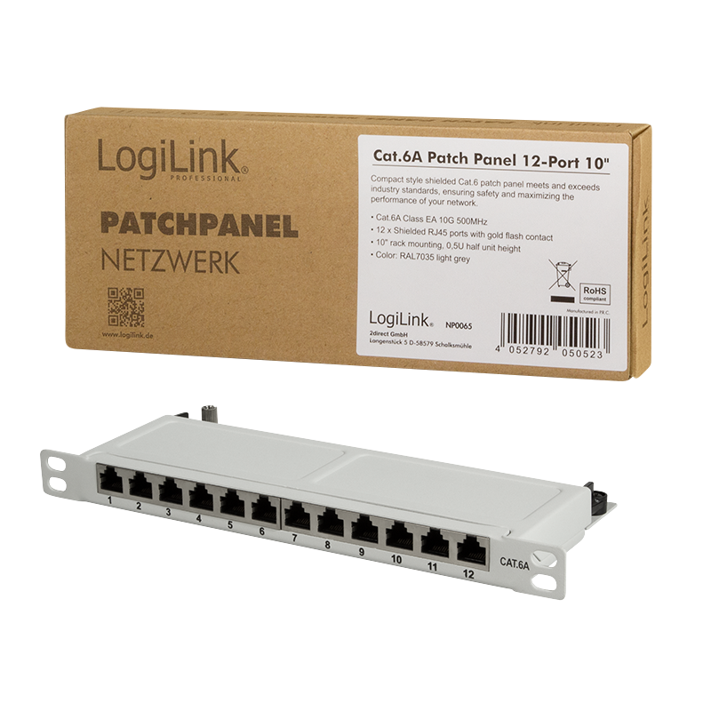 Cat.6A Mini Patchpanel 12 Ports geschirmt, 10 Zoll Einbau 0,5 HE, hellgrau