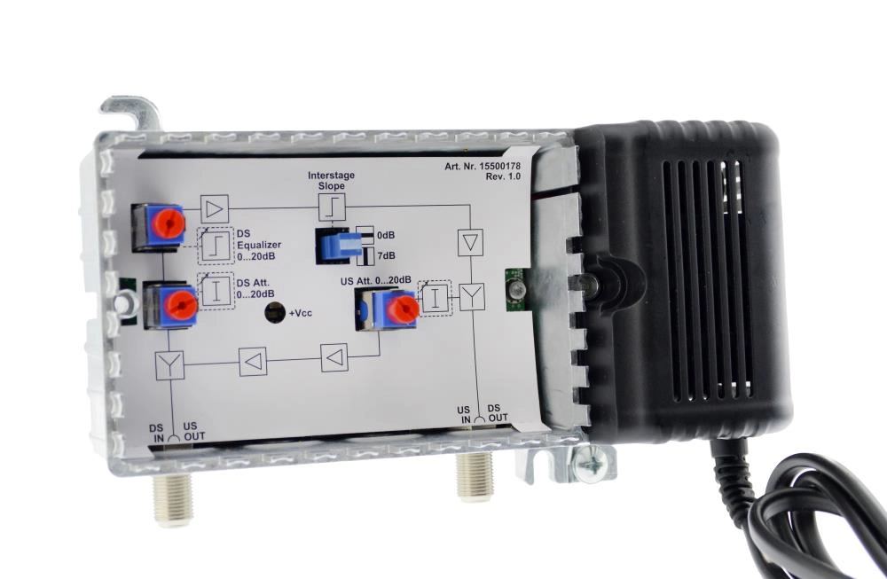 Hausanschlussverstärker KDG B (3.1) 1 GHz 33 dB Verstärkerung, RW 65 MHz 23 dB mit Pegelsteller Hausanschlussverstärker KDG B (3.1) 1 GHz 33 dB Verstärkerung, RW 65 MHz 23 dB mit Pegelsteller