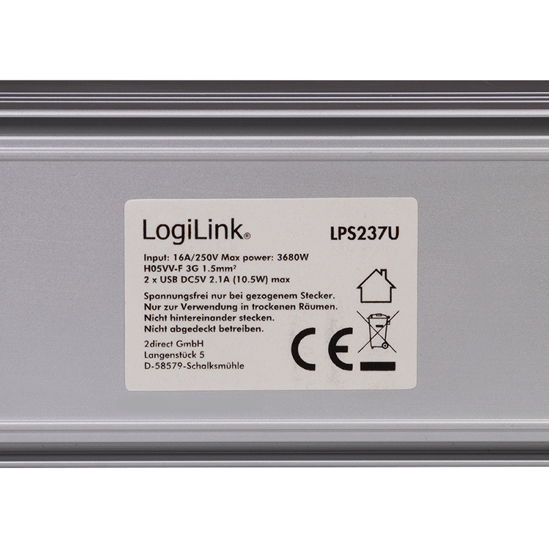 Steckdosenleiste 4-fach + Schalter, 4x CEE 7/3 + 2x USB-A, 1,5 m, schwarz/silber