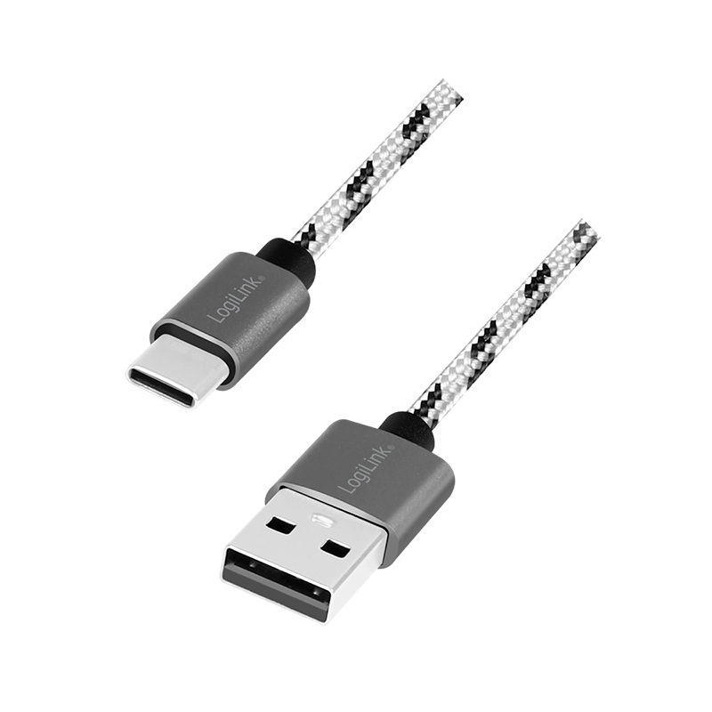 USB 2.0 Type-C Kabel-Set, C/M zu USB-A/M, Alu, Nylon, weiß/schwarz