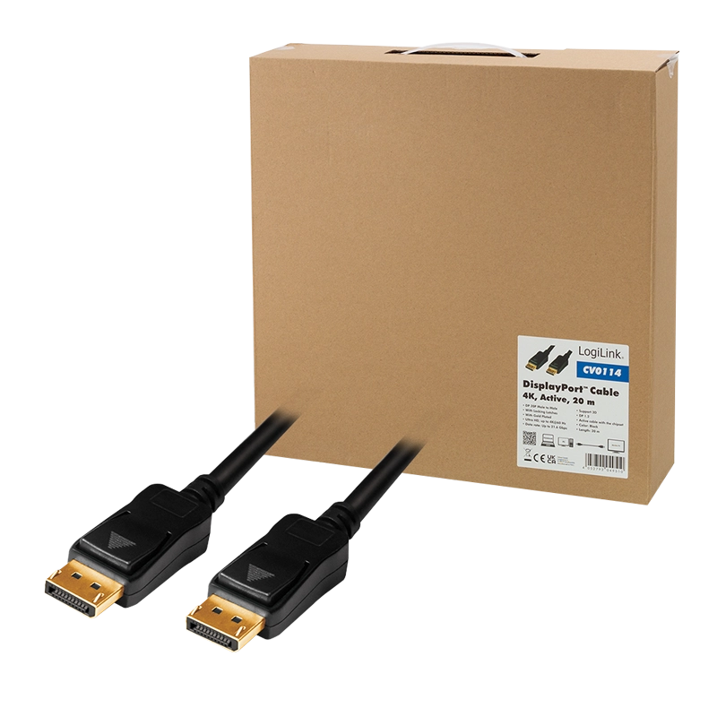 DisplayPort-Kabel, DP/M zu DP/M, 4K/60 Hz, Verstärker, schwarz, 20 m