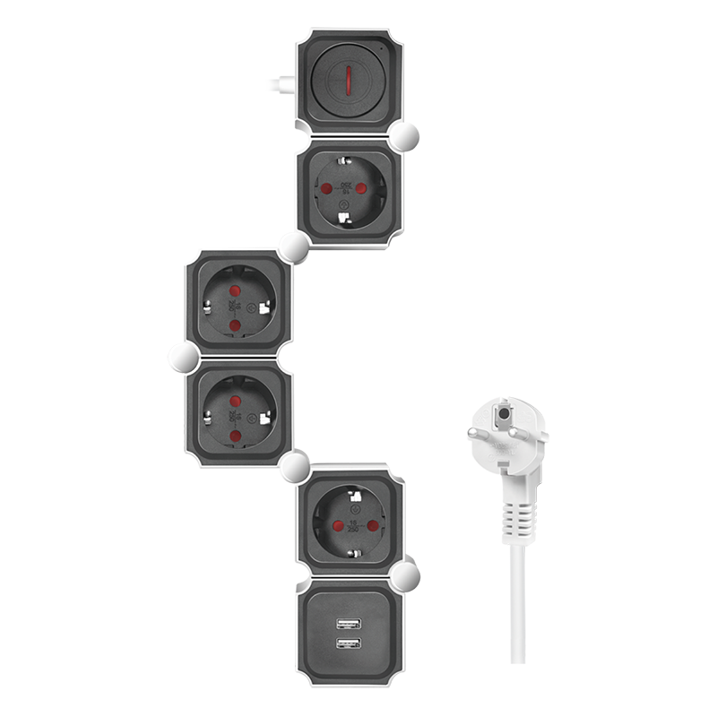 Steckdosenleiste 4-fach, 4x CEE 7/3 + 2x USB-A, flexibel, 1,5 m