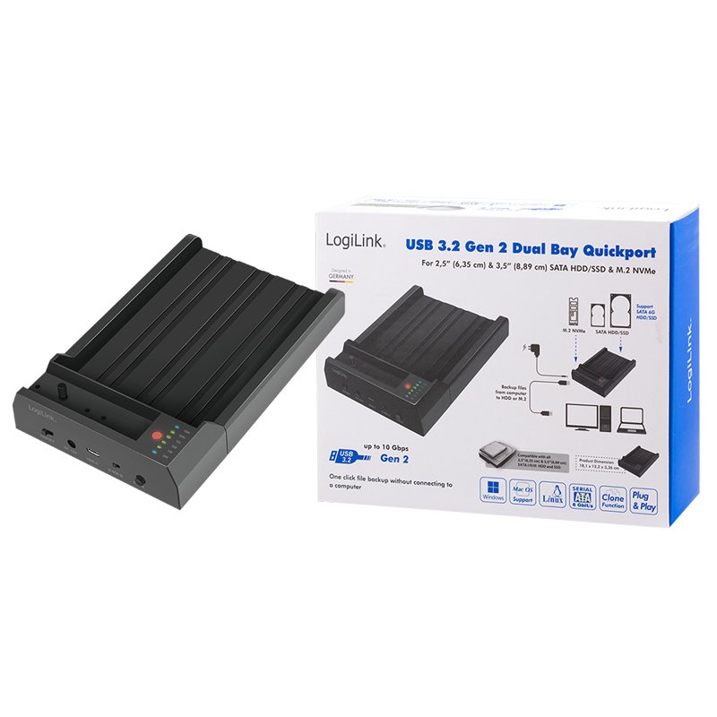 USB 3.2 Gen 2 Quickport, 2-Port, für SATA HDD/SSD und M.2 NVMe SSD