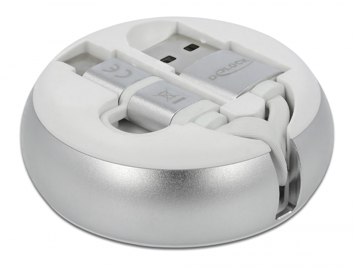 USB 2.0 2 in 1 Aufrollkabel Typ-A zu Micro-B und USB-C™ weiß / silber, Delock® [85821]